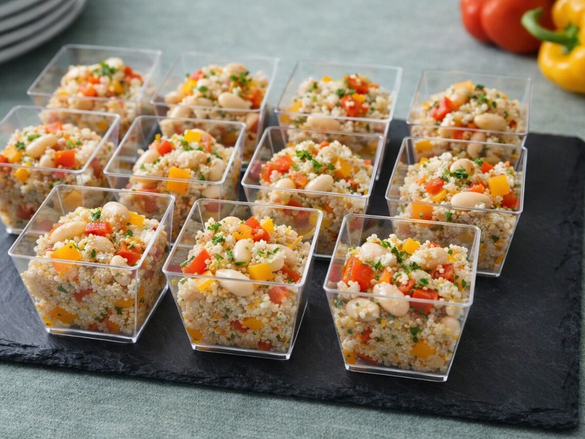 Insalata di chinoa con cannellini e peperoni dolci, menù eventi macinaie, finger food, buffet, vegetariano
