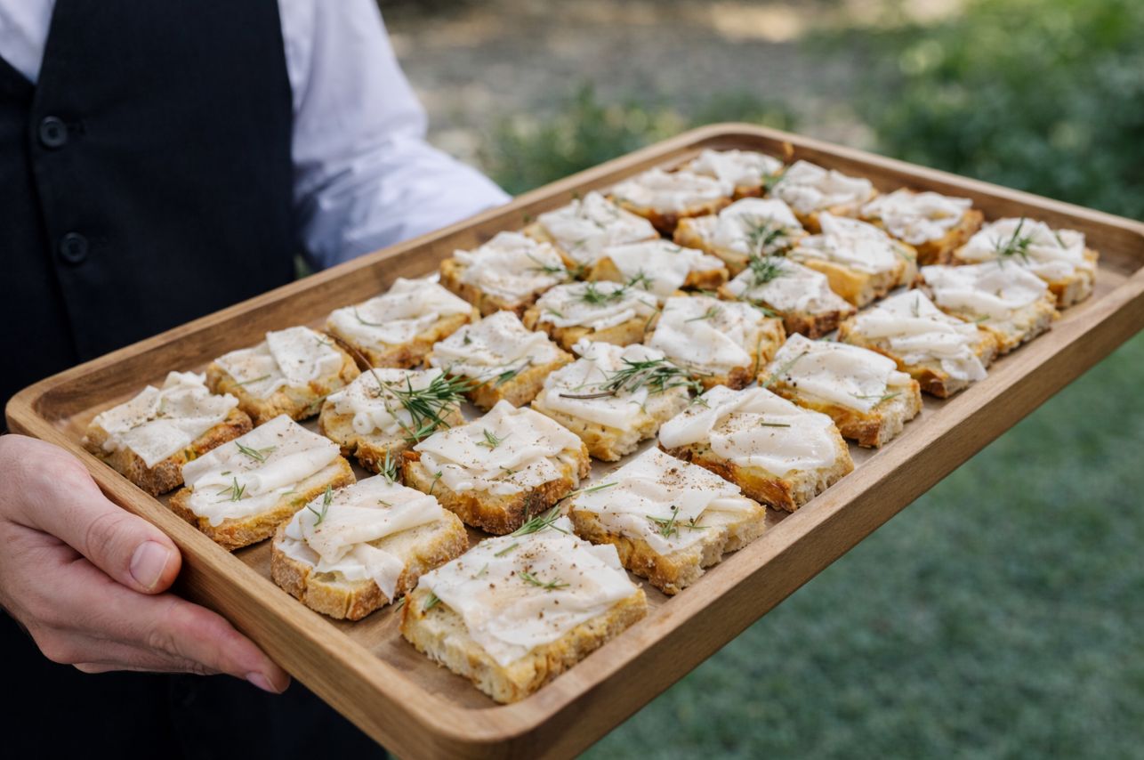 Antipasti per eventi e matrimoni, crostone al lardo di Cusona, Ristorante Le Macinaie, Monte Amiata