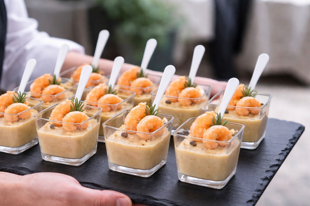 Crema di ceci e gamberetti, antipasto menù eventi Le macinaie, finger food, Ristorante Amiata