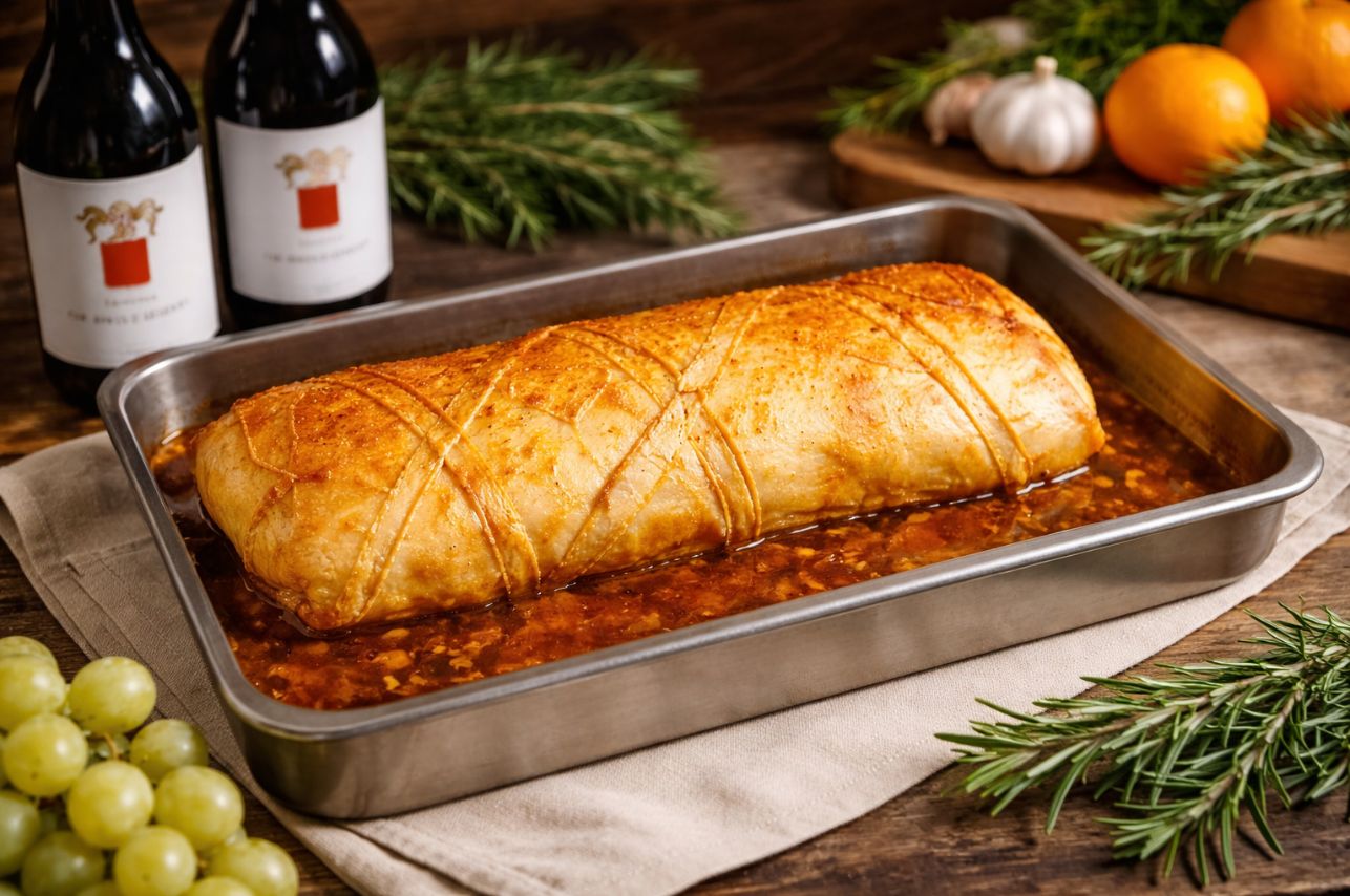 Arista in crosta. Ristorante Le Macinaie, menù Eventi, matrimoni, catering. Monte Amiata, Toscana.