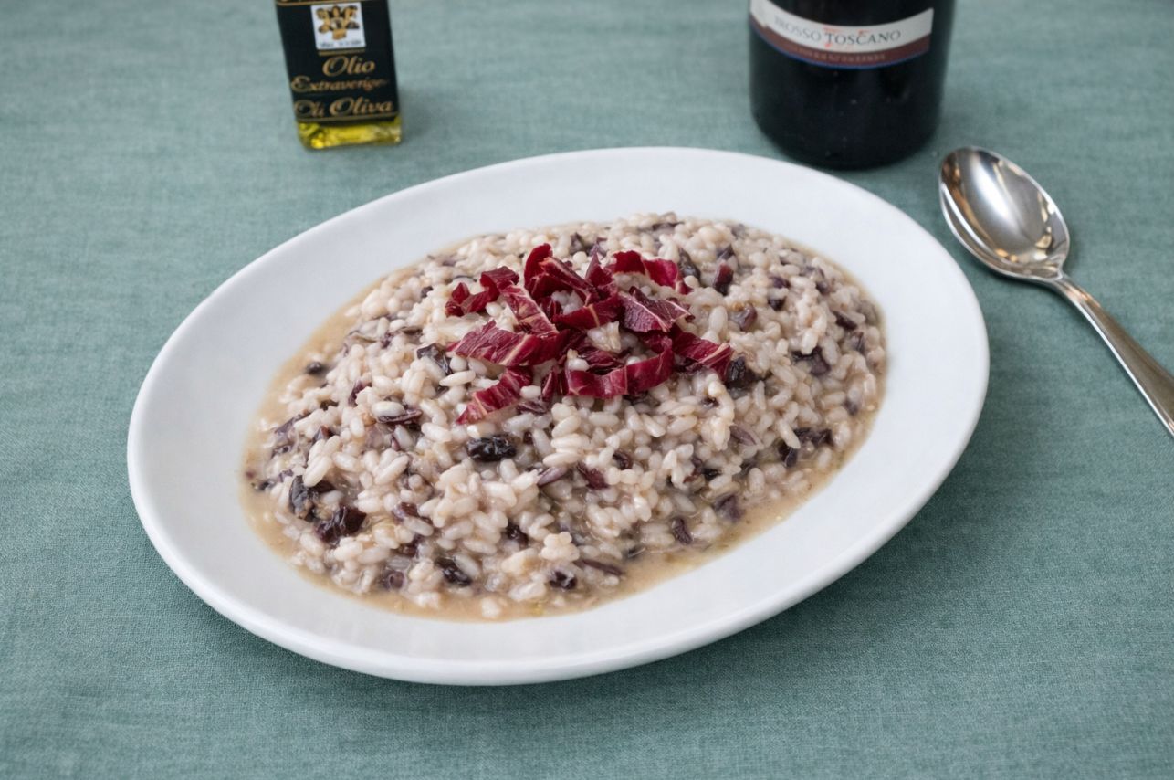 menù eventi e catering Le Macinaie, Monte Amiata. Risotto radicchio trevisano e scamorza.