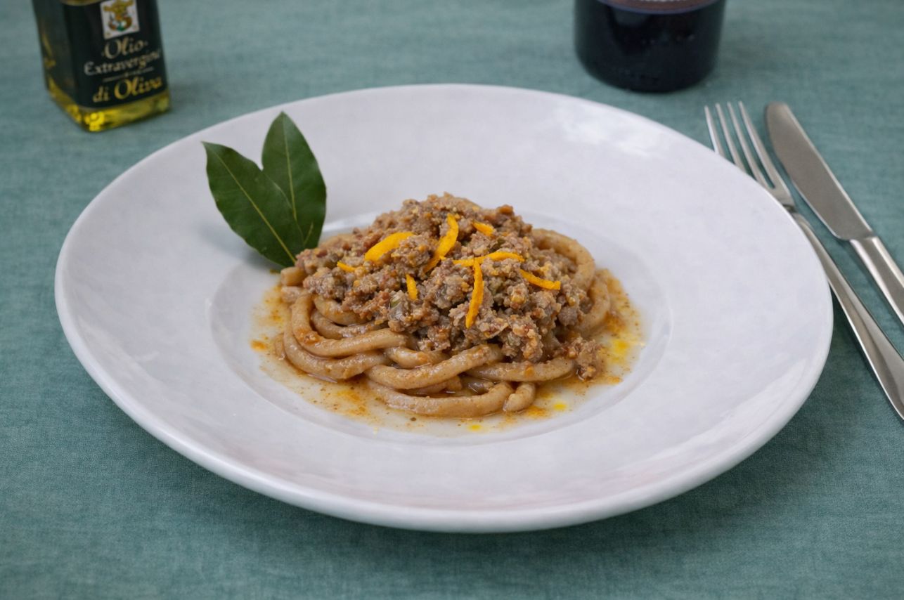 Pici di farina di castagne con ragù di anatra all'arancia, ristorante Le macinaie, menù eventi, Monte Amiata