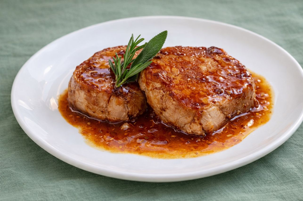 Filetto di maiale al forno in salsa agrodolce. Ristorante Le Macinaie, menù Eventi, matrimoni, catering. Monte Amiata, Toscana.