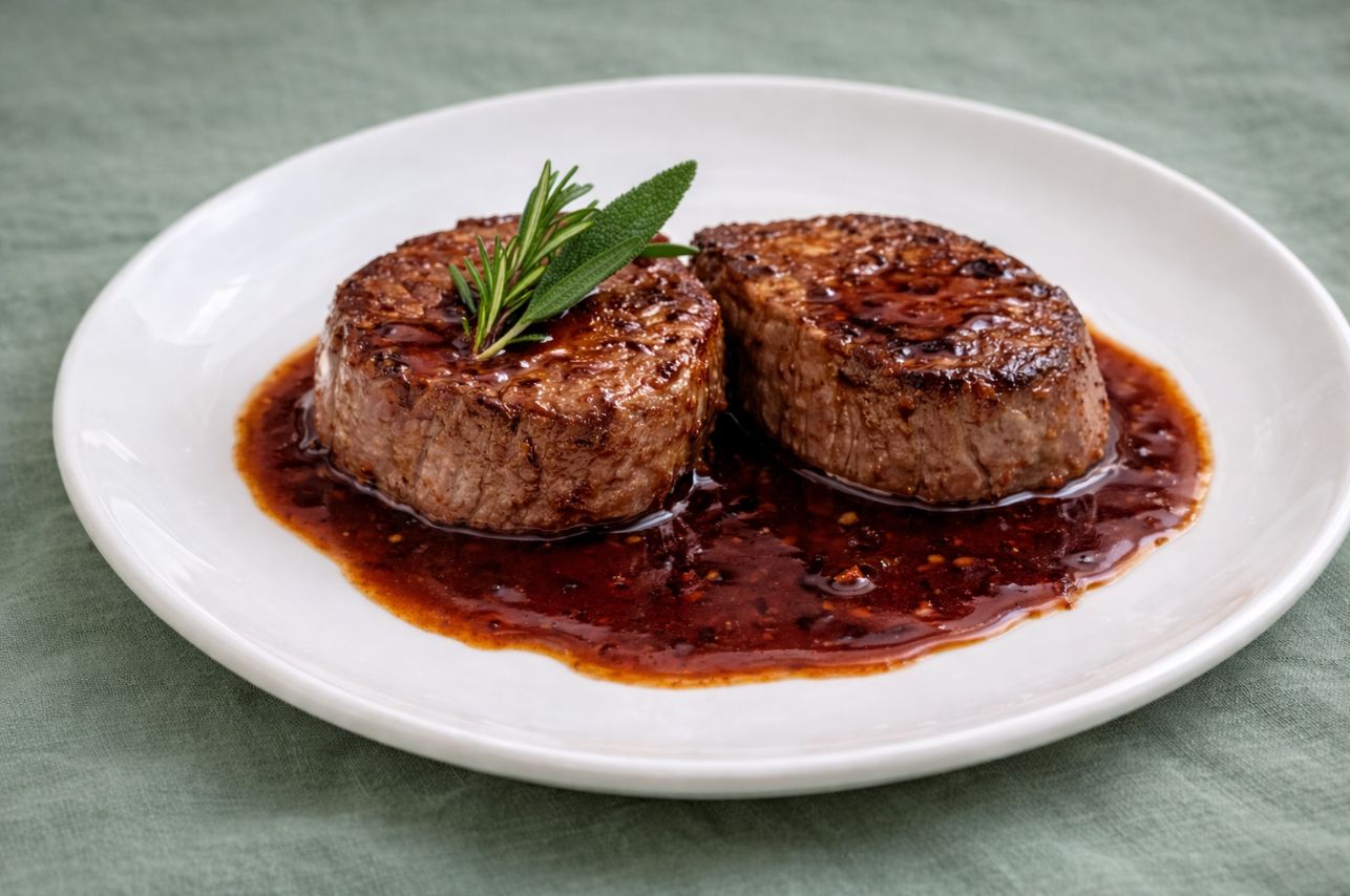 Filetto di manzo al forno con la sua riduzione. Ristorante Le Macinaie, menù Eventi, matrimoni, catering. Monte Amiata, Toscana.