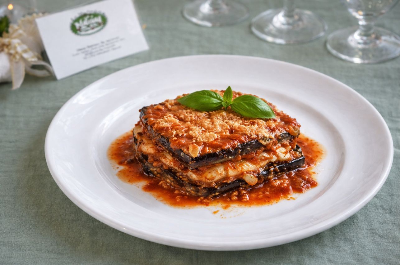 Parmigiana di melanzane. Ristorante Le Macinaie, menù Eventi, matrimoni, catering. Monte Amiata, Toscana.