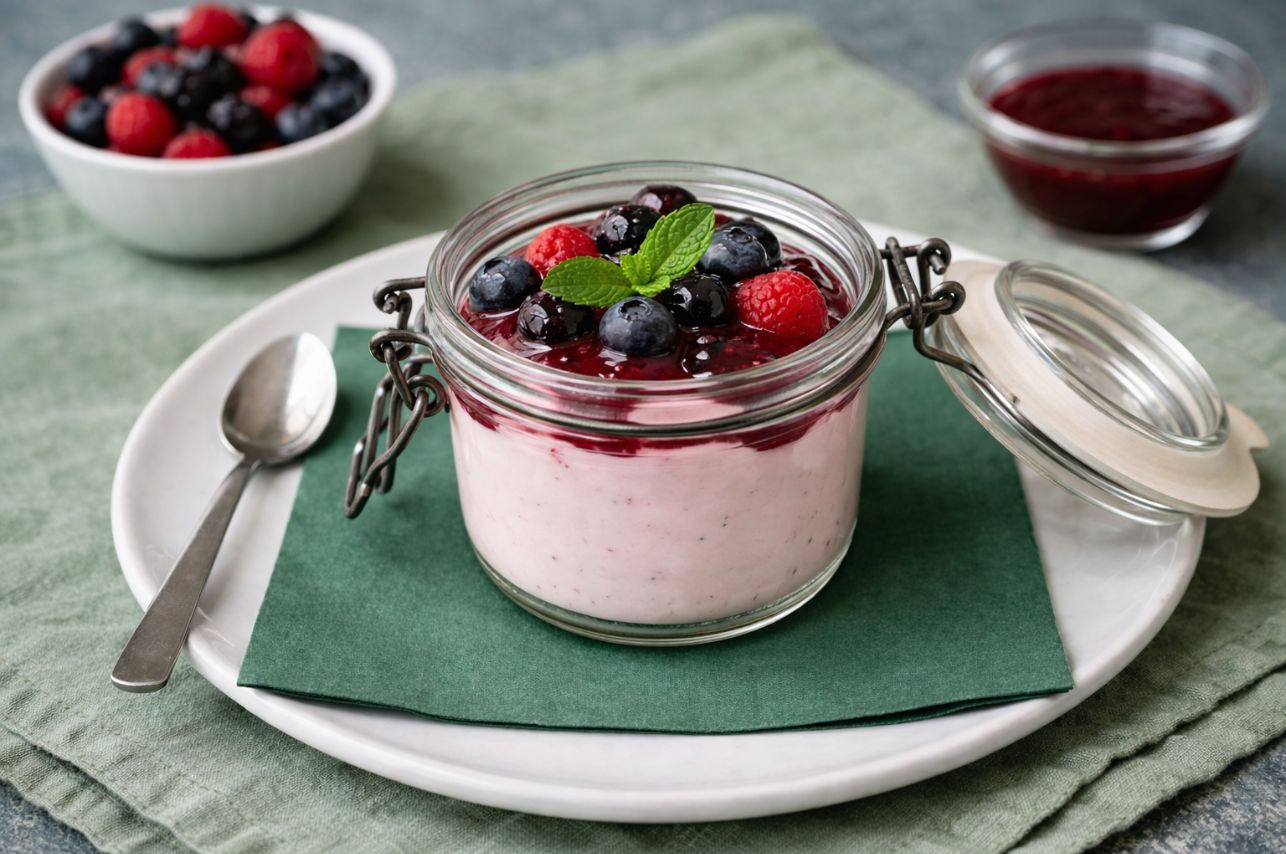 Mousse yogurt e frutti di bosco. Ristorante Le Macinaie, eventi, catering e matrimoni, Monte Amiata, Toscana