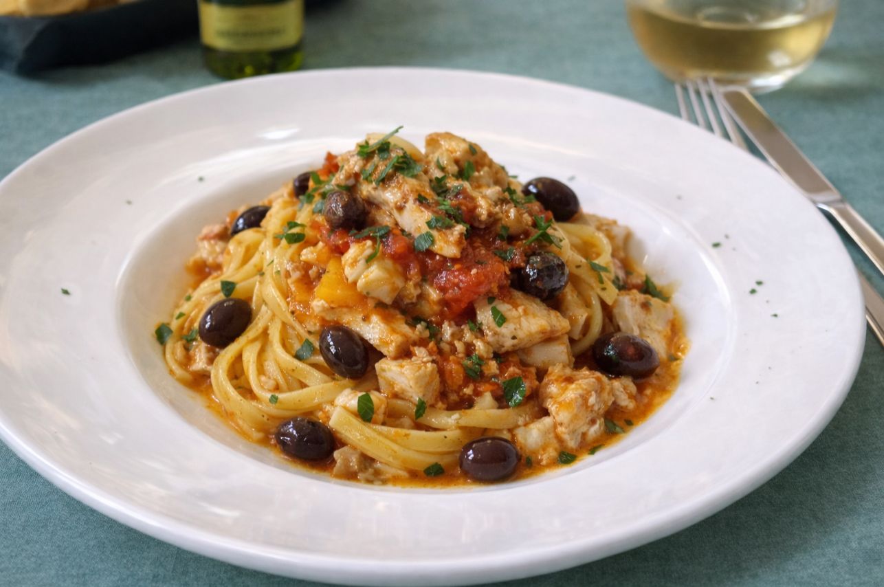 Tagliatelle con ragù di gallinella e olive taggiasche. Ristorante Le Macinaie, menù Eventi, matrimoni, catering. Monte Amiata, Toscana.