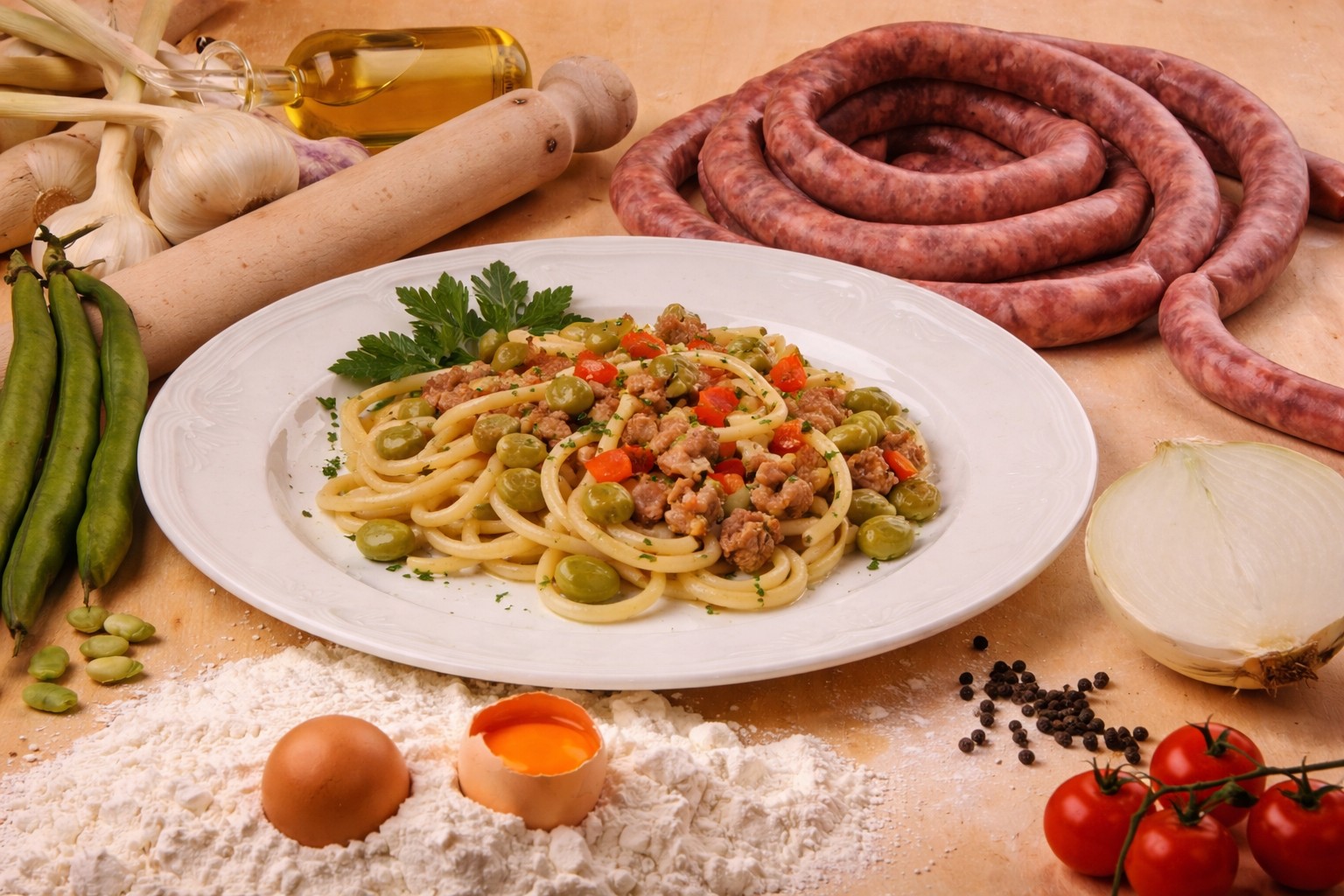 Pici fave e salsiccia, un primo piatto di carattere che unisce tradizione, gusto deciso e un equilibrio naturale tra intensità e freschezza.